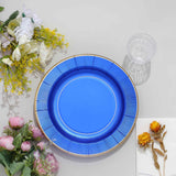 25 Pack | 10inch Royal Blue Sunray Gold Rimmed Serving Dinner Paper Plates, Disposable Party Plates