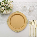 10 Pack | 10inch Gold Leaf Embossed Baroque Plastic Dinner Plates, Vintage Round Dinner Plates