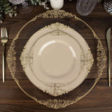 Taupe Gold Leaf Embossed Baroque Plastic Dinner Plates, Disposable Vintage Round Dinner Plates