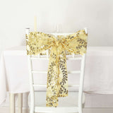 5 Pack Gold Tulle Wedding Chair Sashes with Leaf Vine Embroidered Sequins