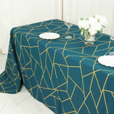 90x132inch Peacock Teal Rectangle Polyester Tablecloth With Gold Foil Geometric Pattern