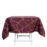 54"x54" Burgundy Polyester Square Tablecloth With Gold Foil Geometric Pattern