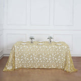 90x156inch Gold Sequin Leaf Embroidered Rectangular Tablecloth, Seamless Sheer Table Overlay