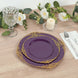 10-Pack Plastic 8INCH Round Dessert Plates in Purple with Gold Leaf Embossed Rim Disposable Vintage