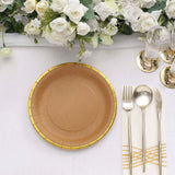 25 Pack | 8 Round Natural Brown Paper Salad Plates With Gold Lined Rim, Disposable Dessert Appetize