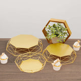 Set of 3 | Gold Metal Geometric Cake Stands Reversible Octagon Baskets