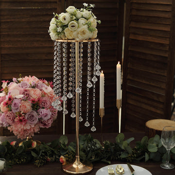 2 Pack 24" Gold Metal Flower Stand Wedding Centerpiece with Acrylic Beaded Chains, Crystal Flower Pedestal Table Centerpiece