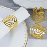 4 Pack | Shiny Gold Laser Cut Rose Round Metal Napkin Rings, Decorative Flower Napkin Holders