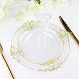 10 Pack | 10inch Clear Gold Leaf Embossed Baroque Plastic Dinner Plates