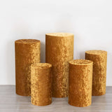 Set of 5 Gold Crushed Velvet Cylinder Pedestal Stand Covers, Premium Pillar Prop Covers