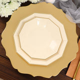 25 Pack | 7inch Beige Gold Foil Rim Geometric Appetizer Paper Plates, Decagon Dessert / Salad Plates