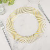 10 Pack | 9inch Clear / Gold Swirl Rim Disposable Dinner Plates, Round Plastic Party Plates