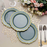 8inch Dusty Blue Plastic Dessert Salad Plates, Disposable Tableware Round With Gold Scalloped Rim