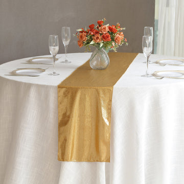 12"x108" Gold Shimmer Sequin Dots Polyester Table Runner, Wrinkle Free Sparkle Glitter Table Runner