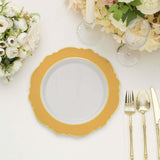 10 Pack | 10inch Gold / White Disposable Dinner Plates With Round Blossom Design With Gold Rim