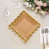 25 Pack | 7 Square Natural Brown Paper Salad Plates With Gold Scalloped Rim, Party Plates