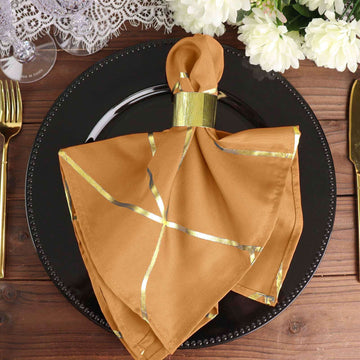 5 Pack Gold With Geometric Gold Foil Cloth Polyester Dinner Napkins 20"x20"