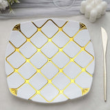 10 Pack | White/Gold 10inch Plastic Square Geometric Dinner Plates