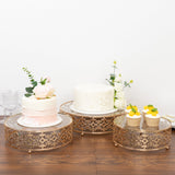 Set of 3 Baroque Ornate Gold Metal Cake Stands with Glass Top, Stackable Round Dessert Display Trays