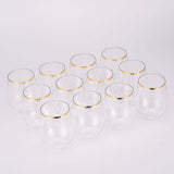 12 Pack Clear 12oz Gold Rim Plastic Stemless Wine Glasses, Reusable Wine Tumbler