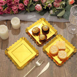 50 Pack | 5inch Gold Foil Scalloped Rim Appetizer Paper Plates, Disposable Square Dessert Plates