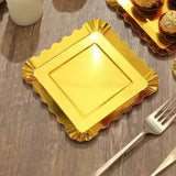 50 Pack | 5inch Gold Foil Scalloped Rim Appetizer Paper Plates, Disposable Square Dessert Plates