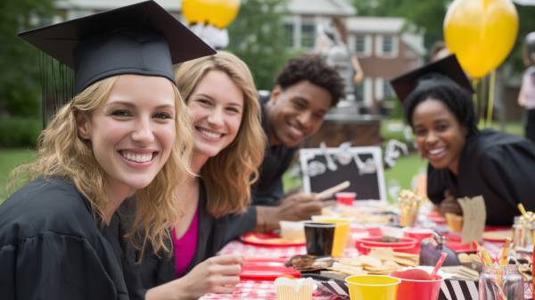 Graduates seated at an outdoor party table
