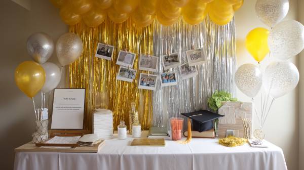 Graduation party table with gold and silver balloon backdrop
