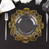 10 Pack Clear Gold European Style Disposable Dinner Plates Vintage Baroque With Scalloped Rim