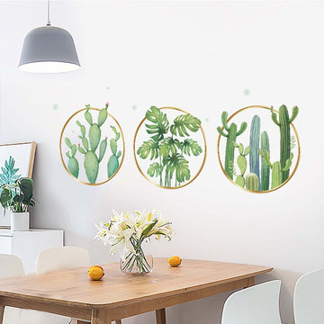 Green Tropical Leaf Plants and Cactus Flat Frame Wall Decals, Decor Stickers