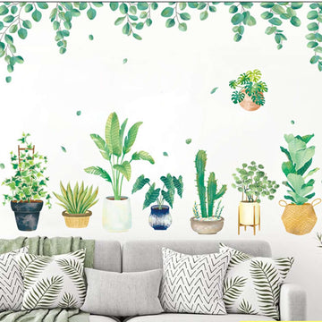 Green Tropical Potted Plants Planters with Hanging Leaves Wall Decals, Peel and Stick Decor Stickers