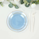 10 Pack Transparent Dusty Blue Hammered Plastic Salad Plates with Gold Rim