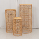 Set of 3 Natural Woven Rattan Wicker Pedestal Stand Floor Lamp Shades with Wave Pattern