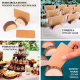 Set of 10 Semicircle Natural Wooden Place Card Holders With Brown Paper Place Cards