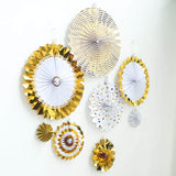 Set of 8 | Gold | White Paper Fan Decorations | Paper Pinwheels Wall Hanging Decorations Party Backdrop Kit | 4" | 8" | 12" | 16"