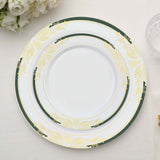 10-Pack Plastic 8" Round Dessert Plates in White with Hunter Emerald Green Rim - Stylish Gold Vine Design Disposable Salad/Appetizer Plates for Special Occasions & Celebrations