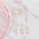 72 Pcs Plastic Silverware Set in Baroque Style Transparent Blush