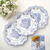 25-Pack Paper Dessert Plates in White with Light Blue Damask Floral Print & Scallop Rim