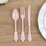 72 Pack Blush Plastic Silverware Set in Baroque Style, Heavy Duty Disposable Forks