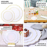 White 8inch Heavy Duty Plastic Dessert Salad Plates, Disposable Tableware, Baroque with Gold Rim