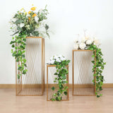 Set of 3 Gold Metal Square Floral Display Stands with Geometric Crossed Lines Pattern