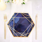 25 Pack | Navy/Gold 7inch Hexagon Dessert Appetizer Paper Plates, Geometric Disposable Party Plates