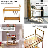 3ft Gold Metal 2-Tier Bar Cart Wine Rack With Wooden Serving Trays, Kitchen Trolley 5 Wine Bottles