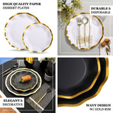 25 Pack | 8inch Matte Black / Gold Wavy Rim Disposable Salad Plates, Appetizer Dessert Party Plates