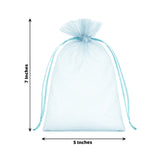 Light blue organza gift bag, 5x7 inches, with drawstring closure.