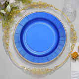 25 Pack | 10inch Royal Blue Sunray Gold Rimmed Serving Dinner Paper Plates, Disposable Party Plates