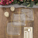 10 Pack | 7inch Clear with Gold Rim Square Plastic Salad Party Plates, Dessert Appetizer Plates