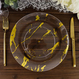 10 Pack | 10Inch Gold and Clear Marble Print Plastic Dinner Party Plates, Disposable Plates