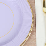 25-Pack Paper Round Dessert Plates in Lavender Lilac Sunray Design with Gold Rim