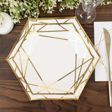 25 Pack | 7inch White / Gold Hexagon Salad Paper Plates, Geometric Disposable Dessert